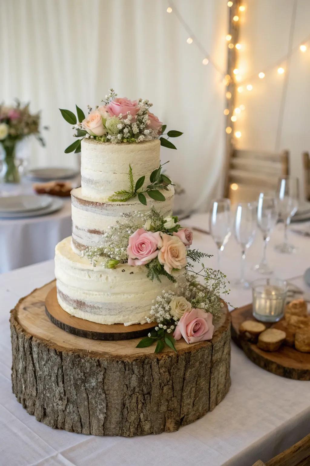 Earthy appeal with wooden details that highlight the cake table.