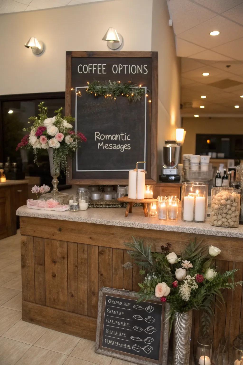 A tailored slate board notice at a wedding coffee corner.