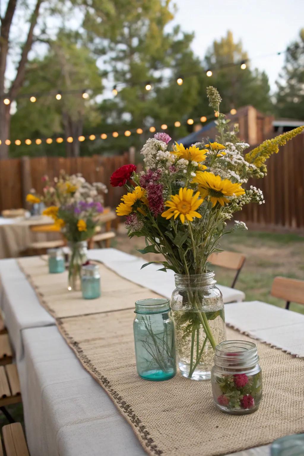 Classic preserving jars filled with wildflowers adding a country-inspired element