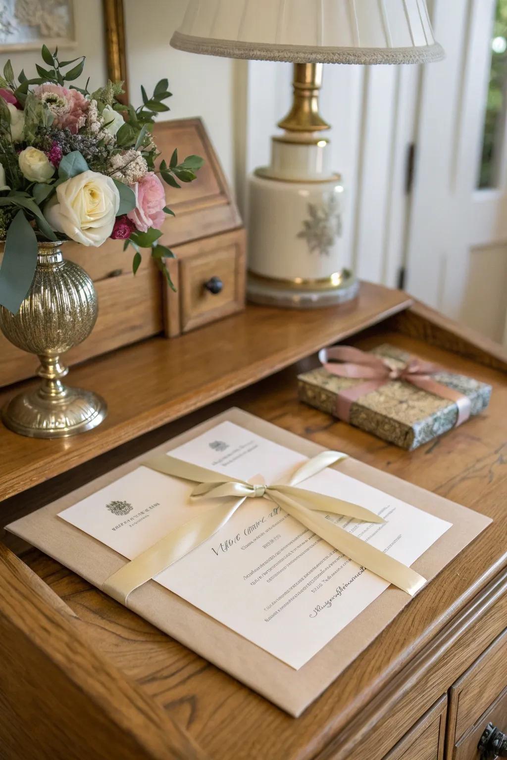 Silk ribbon wrap adding luxury to a wedding invitation.