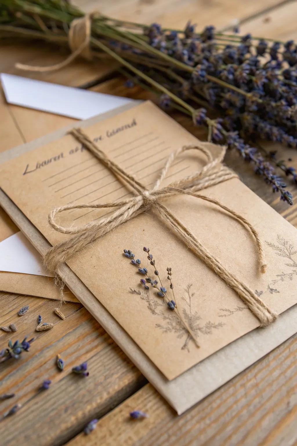 Country-style wedding invitation with kraft paper, radiating coziness and charm.