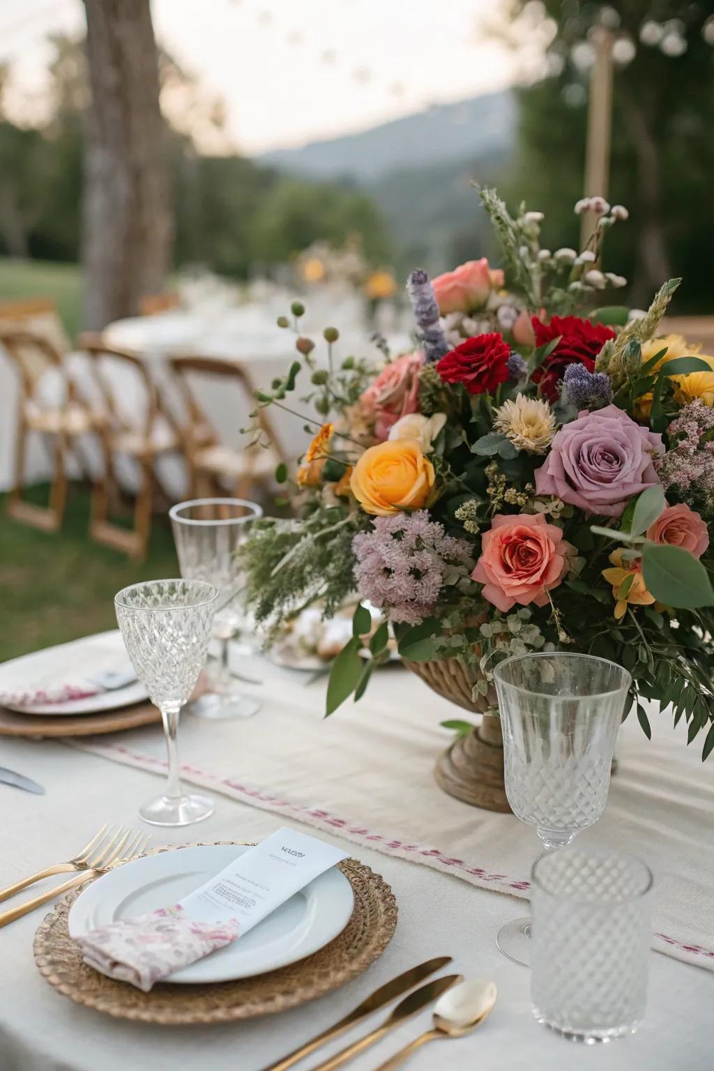 A vibrant floral display infusing the wedding table with vitality.