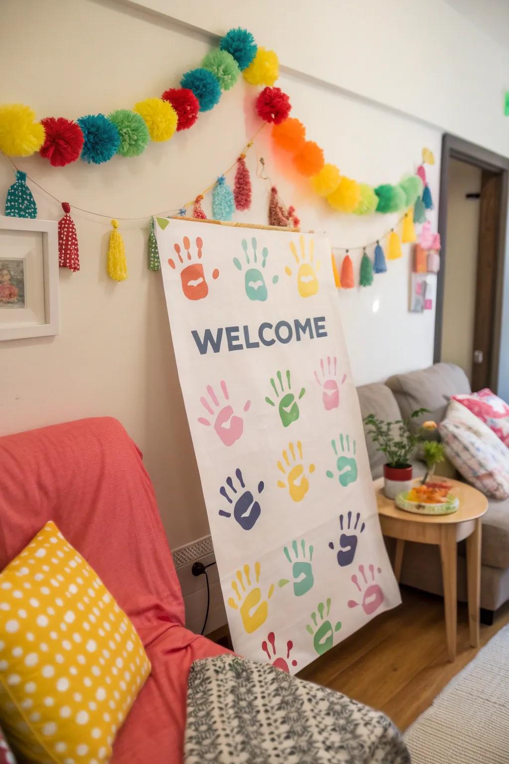 Family handprints impart a unique and personalized dimension to welcome displays.