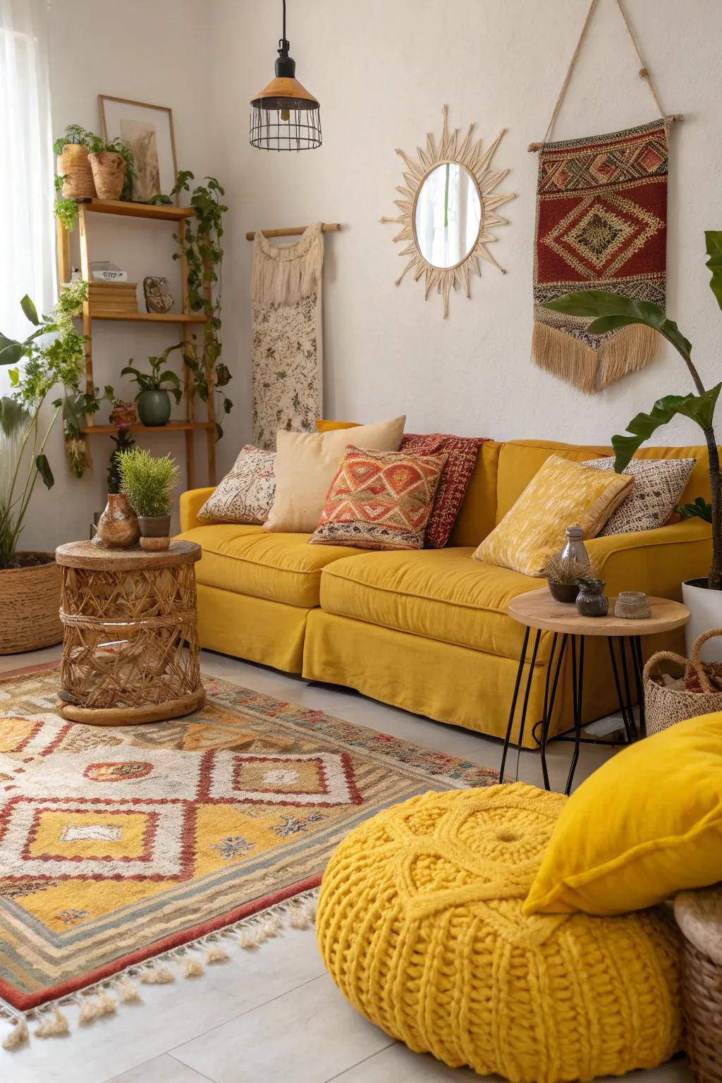 A boho living room accented with warm yellow and ochre elements.