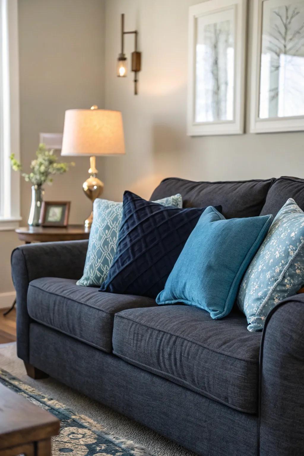 Tranquil azure tone pillows complement the dark grey sofa.