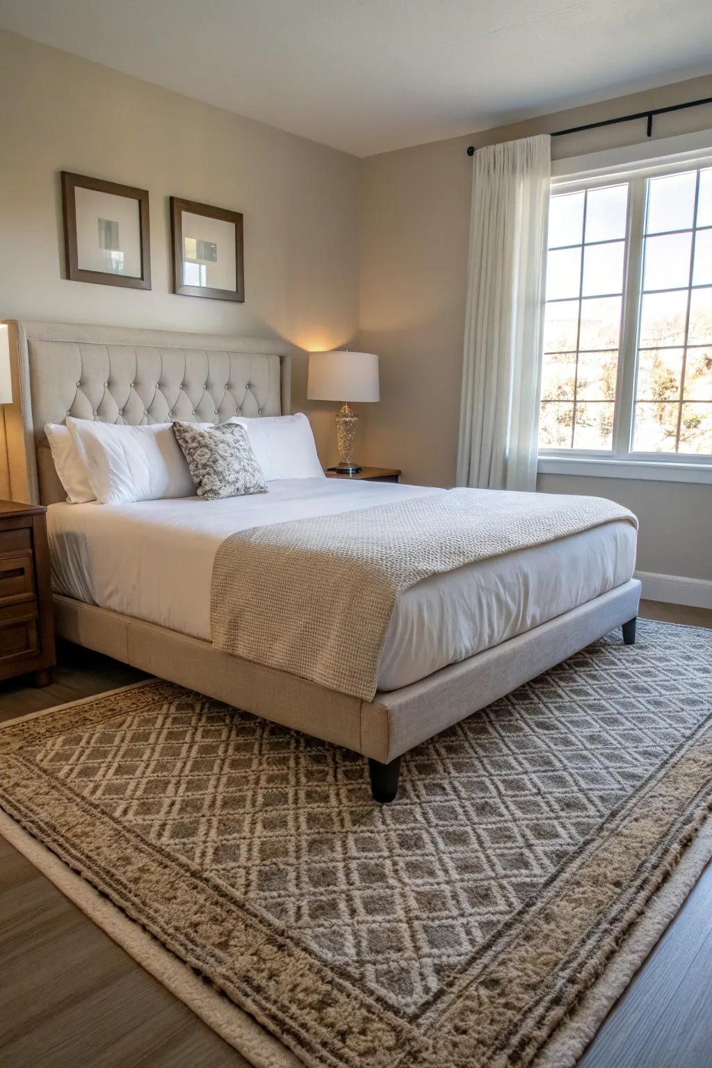 The 6x9 rug presents a balanced, versatile solution for an inviting bedroom environment.