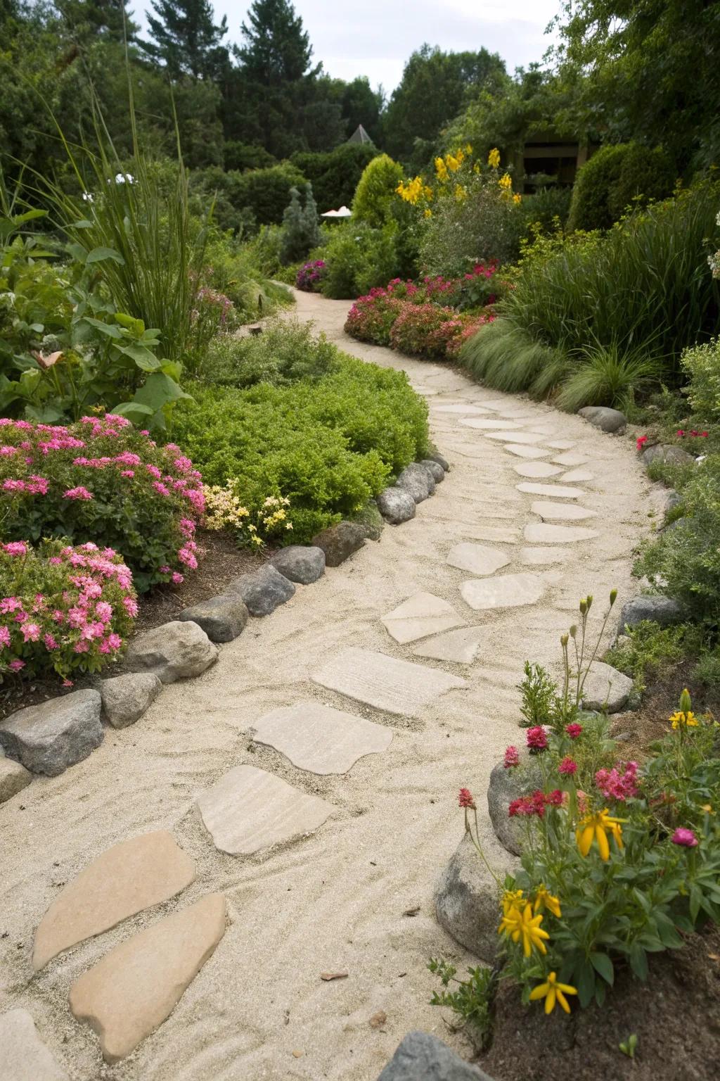 Stone walkway with fine sand for a consistent and earthy visual.