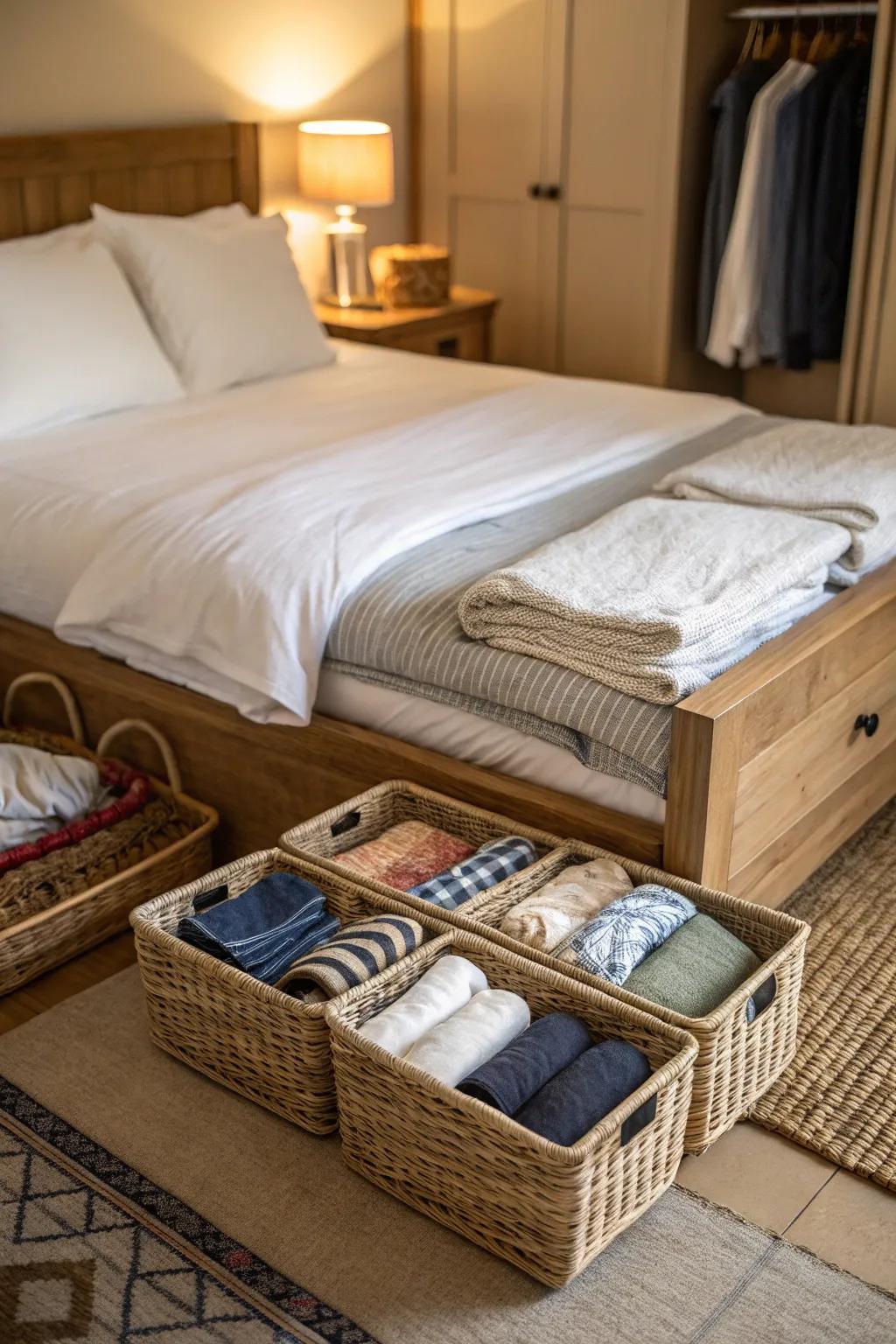 Flat baskets tucked under the bed provide an unobtrusive, organized storage option.