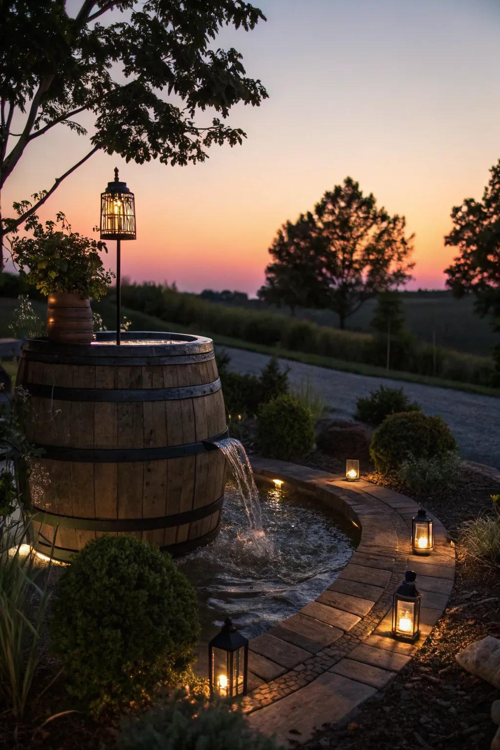 A whimsical repurposed cask bubbling feature featuring solar lights for a tranquil atmosphere.