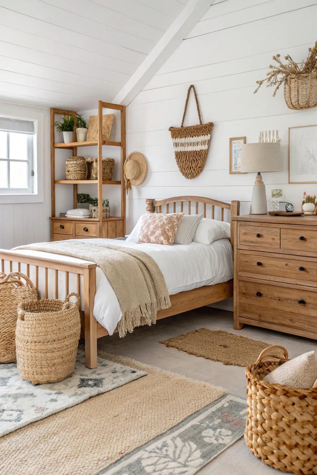 Raw components like timber and wicker impart warmth to a white bedroom.