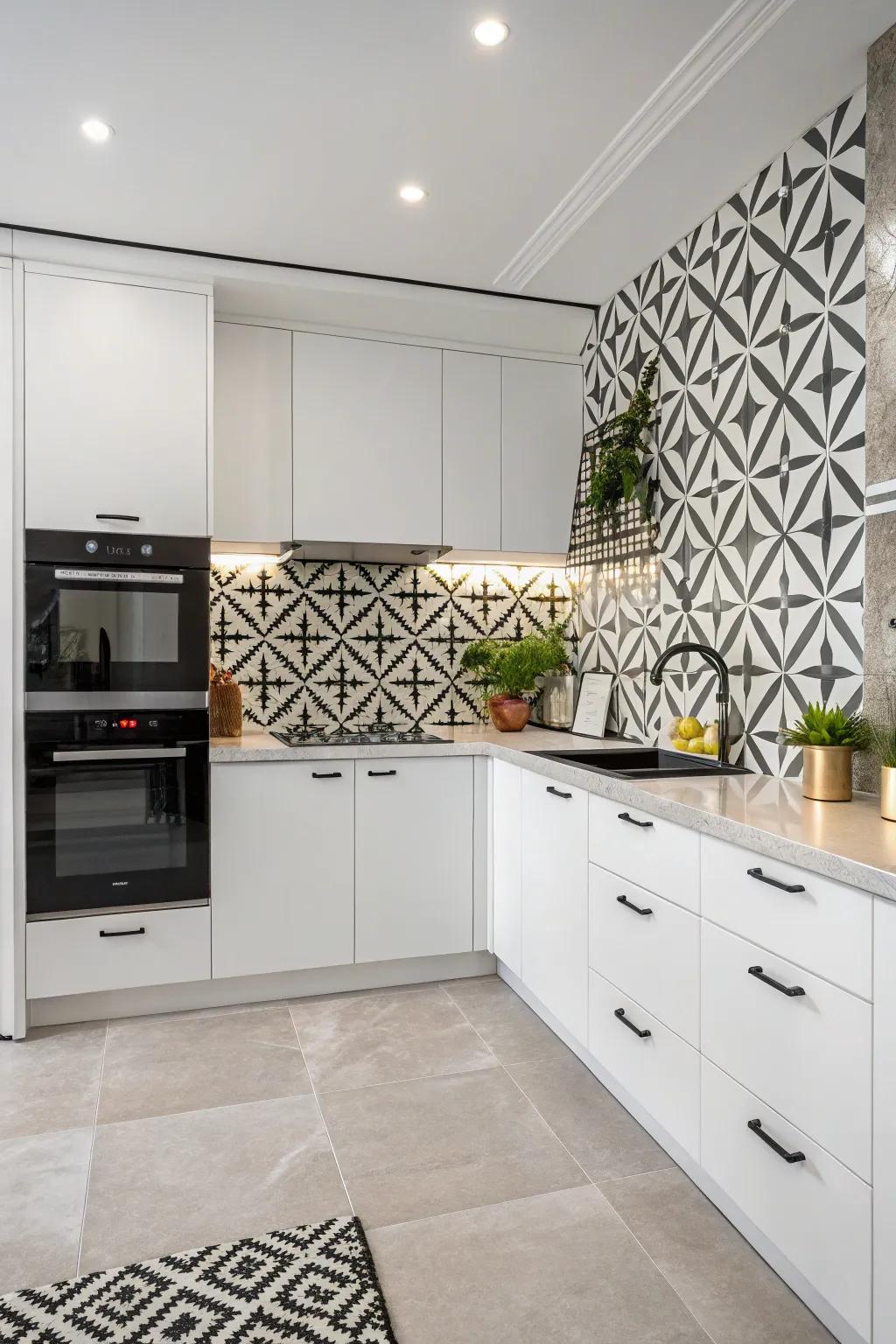 Monochrome geometric designs establishing a contemporary comparison with white cabinetry.