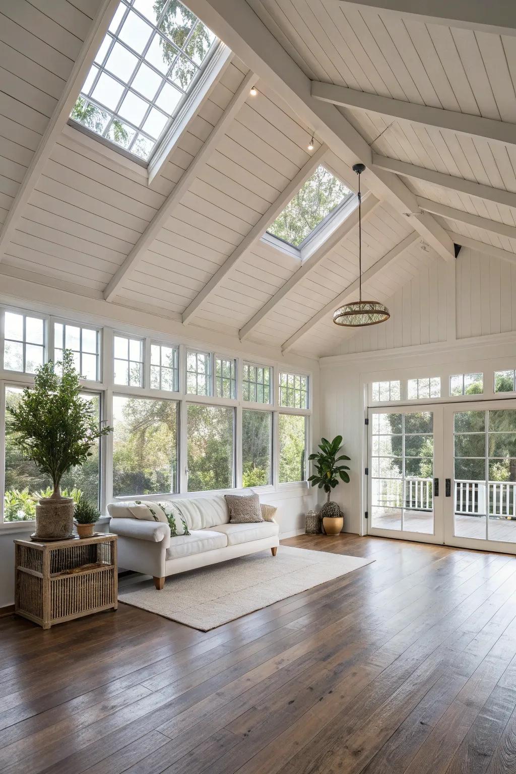 An open-plan living area with a white ceiling that enhances the feeling of space and light.