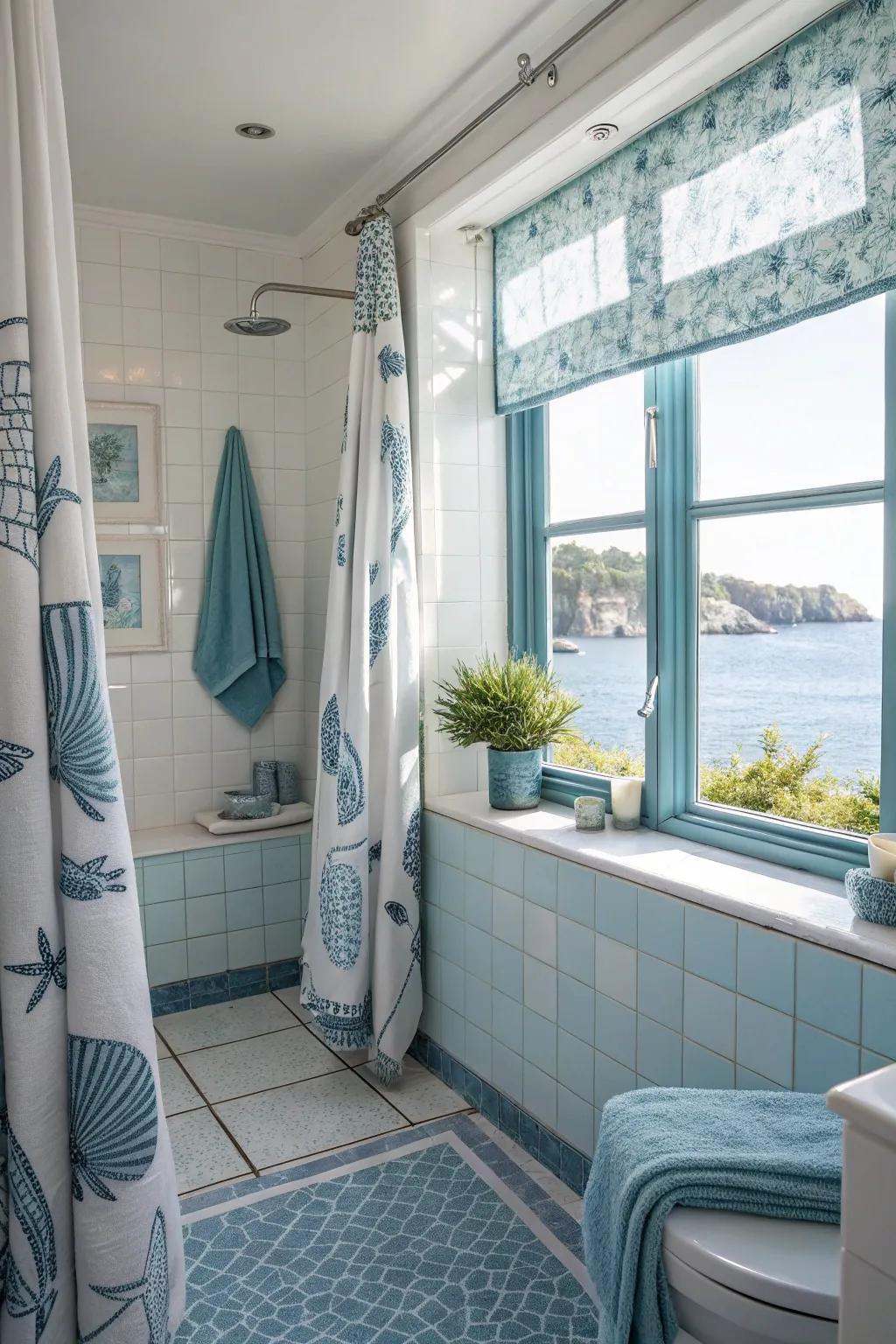 Subtle blue embellishments enhance the coastal atmosphere.