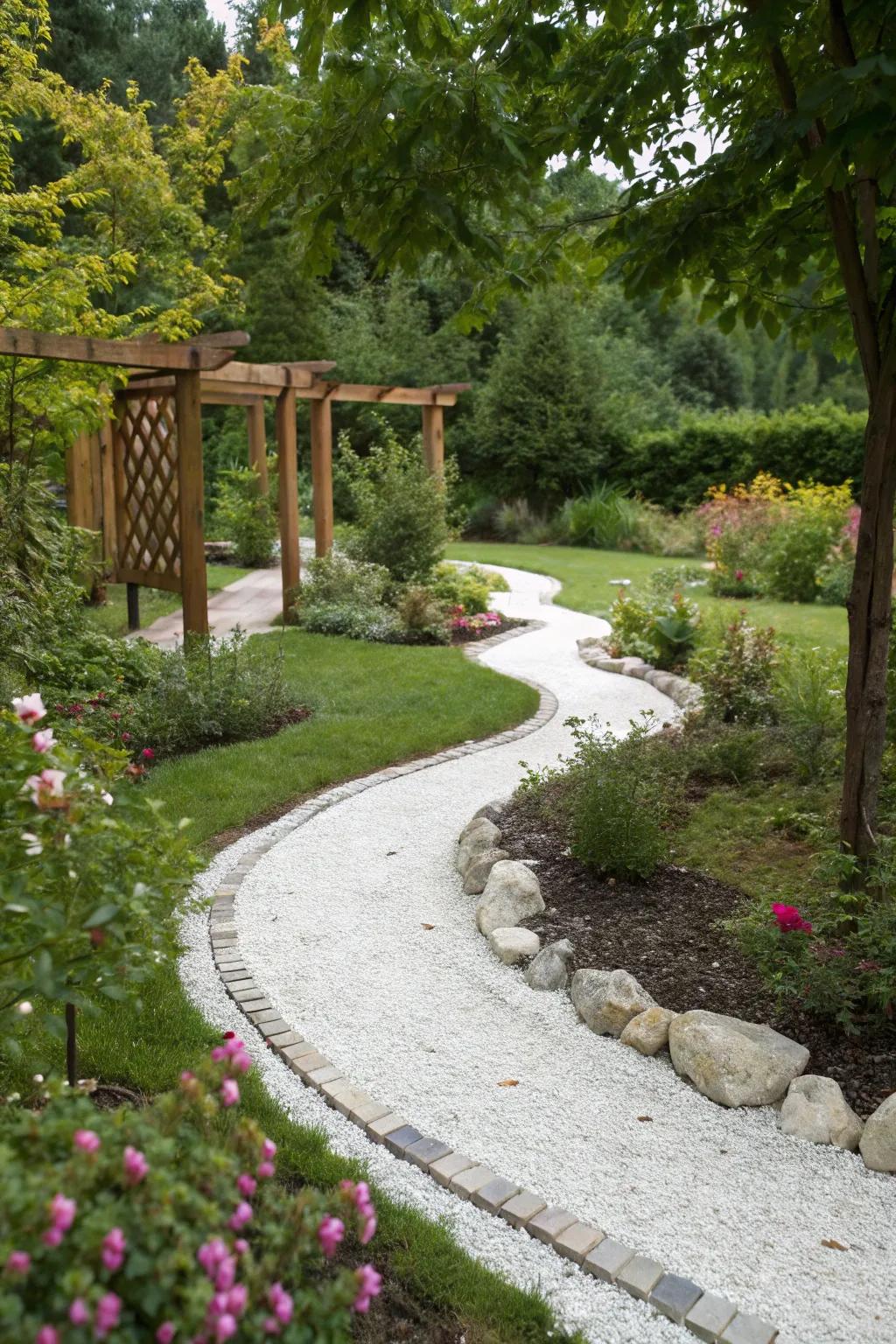 White gravel walkways contribute a delightful cottage-style atmosphere.