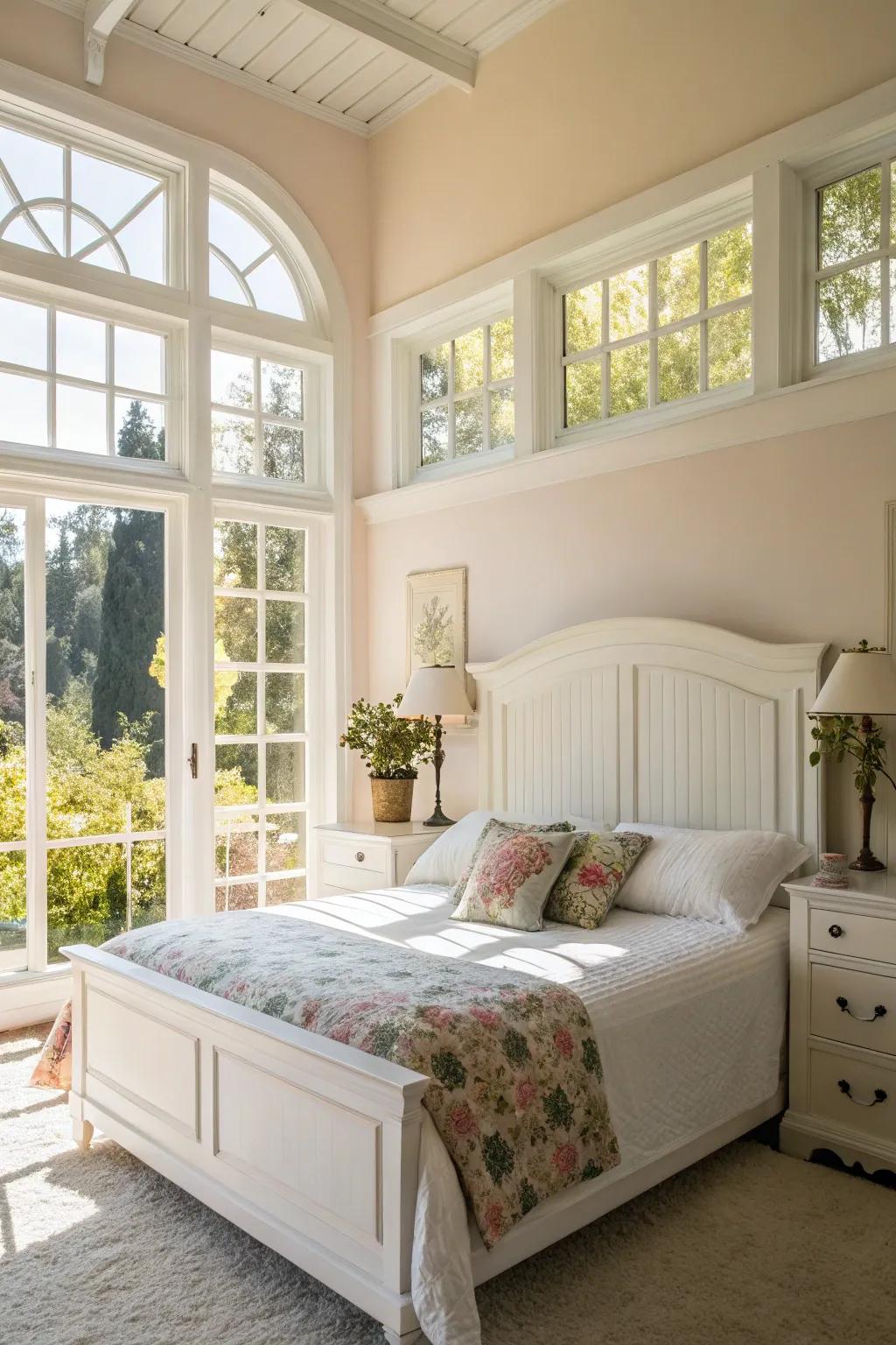 Sunlight enhances the refined look of a white headboard.