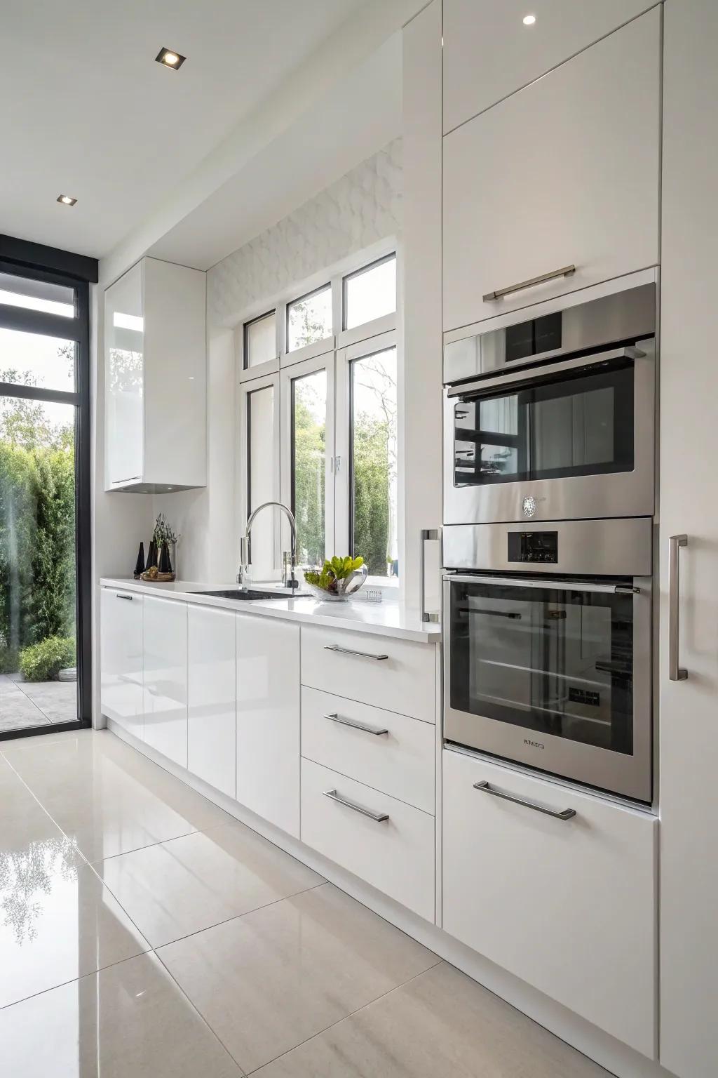 Elegant silver hardware for a modern, minimalist kitchen ambiance.