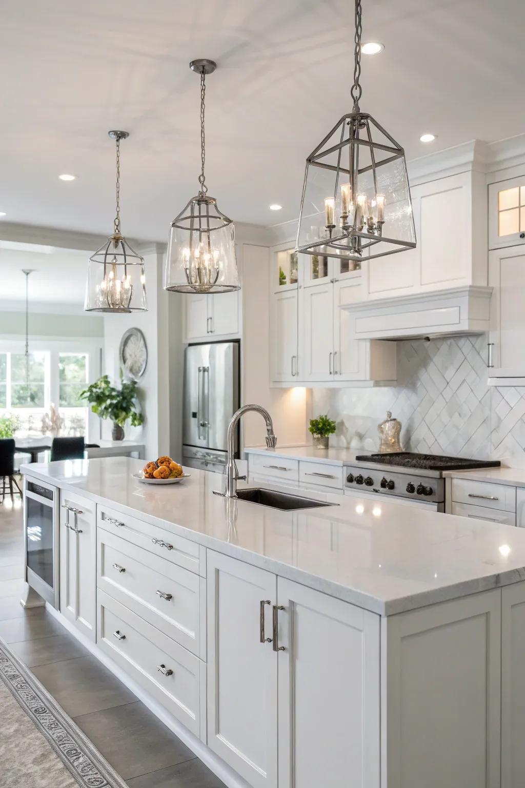 High-shine white cabinetry creates a polished and contemporary aesthetic in this radiant kitchen.