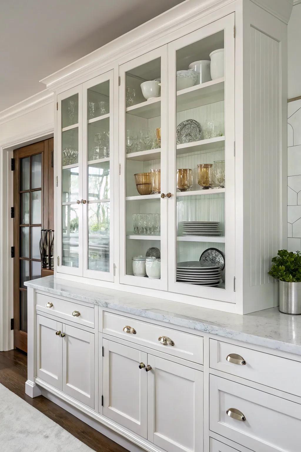 Glass-fronted shaker cabinets offer a classic aesthetic.
