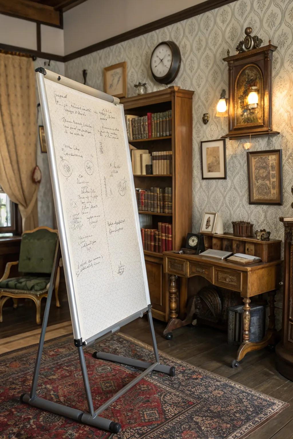 A fabric-wrapped whiteboard enriches the study, infusing it with both warmth and texture.
