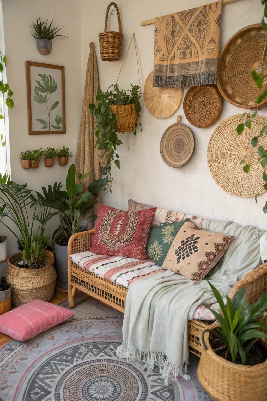 Merge wicker with textiles for a bohemian touch.