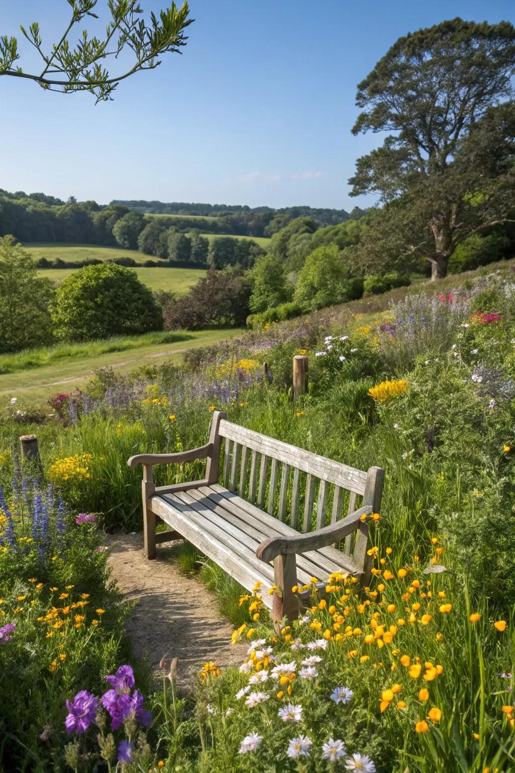 An exceptional alcove designed for relaxation within a sea of wildflowers.