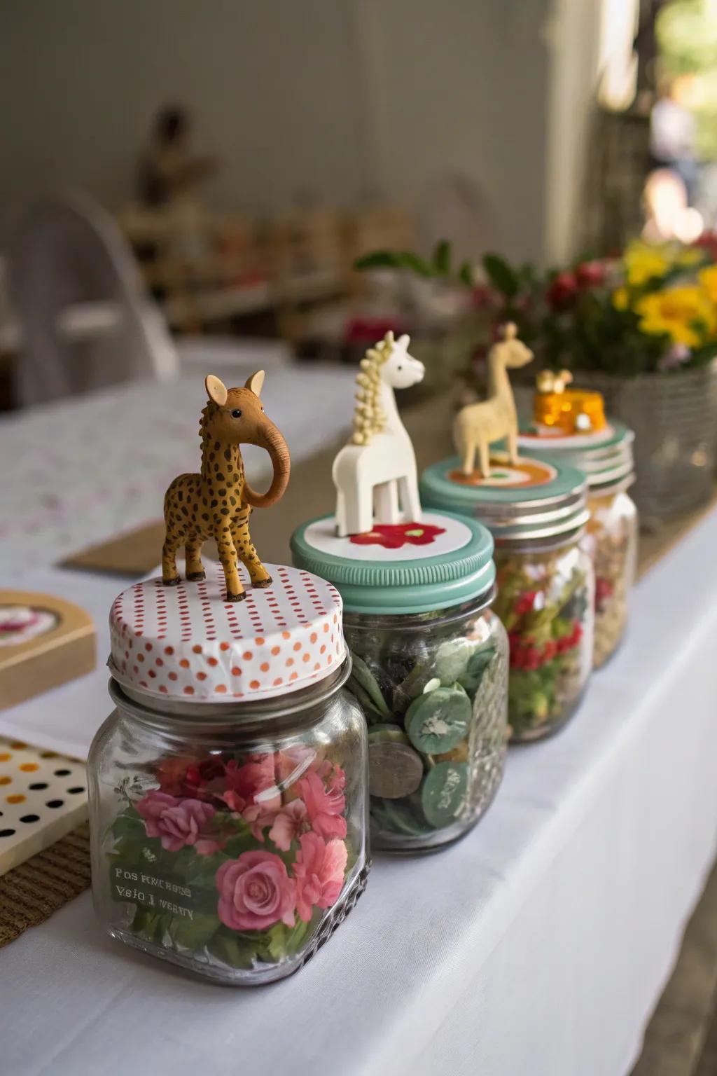 Delightful animal figurines adorning jars.