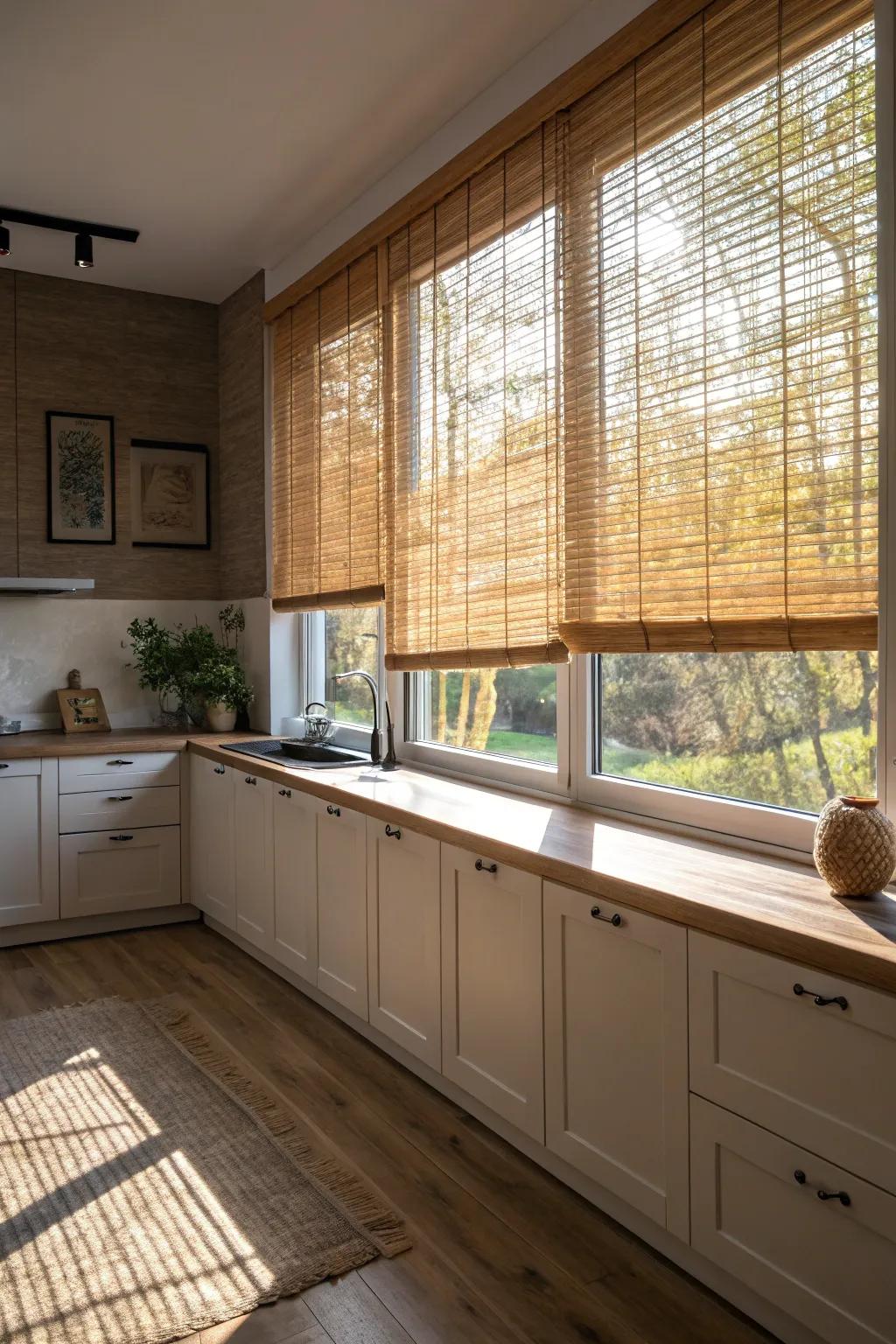 Bamboo blinds add warmth and a natural touch to this kitchen.