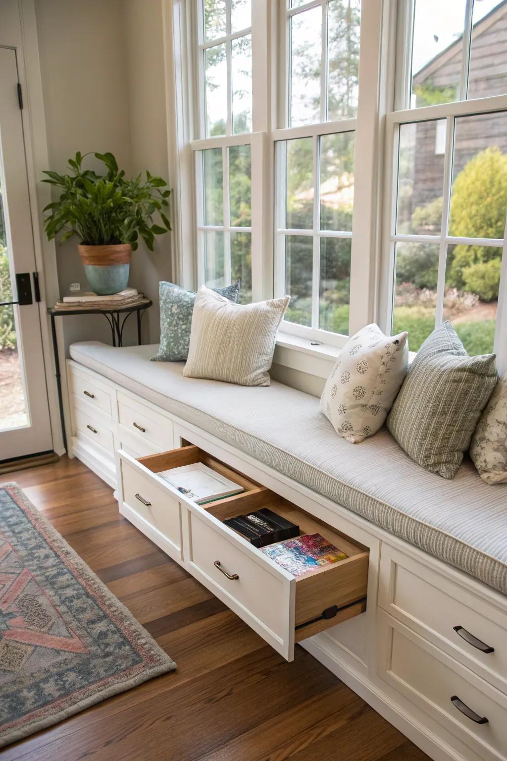 A window bench with custom storage drawers to keep the area neat.