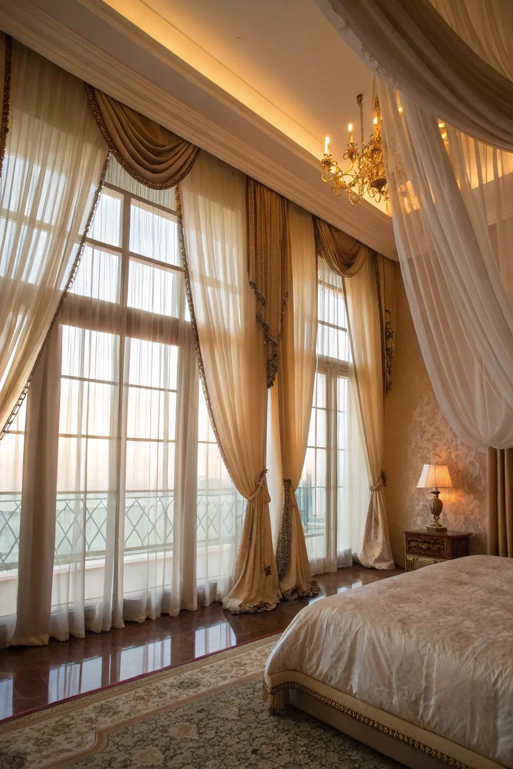 Layered treatments provide adaptability, combining light with seclusion.