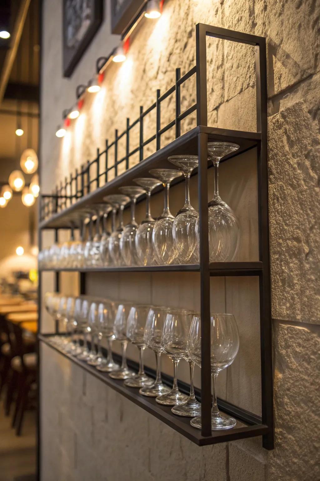 A wall-mounted rack showcasing wine glasses as wall art.