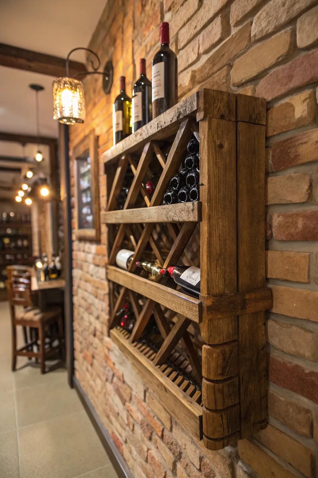 A rustic wooden wine rack adding warmth and character to the room.