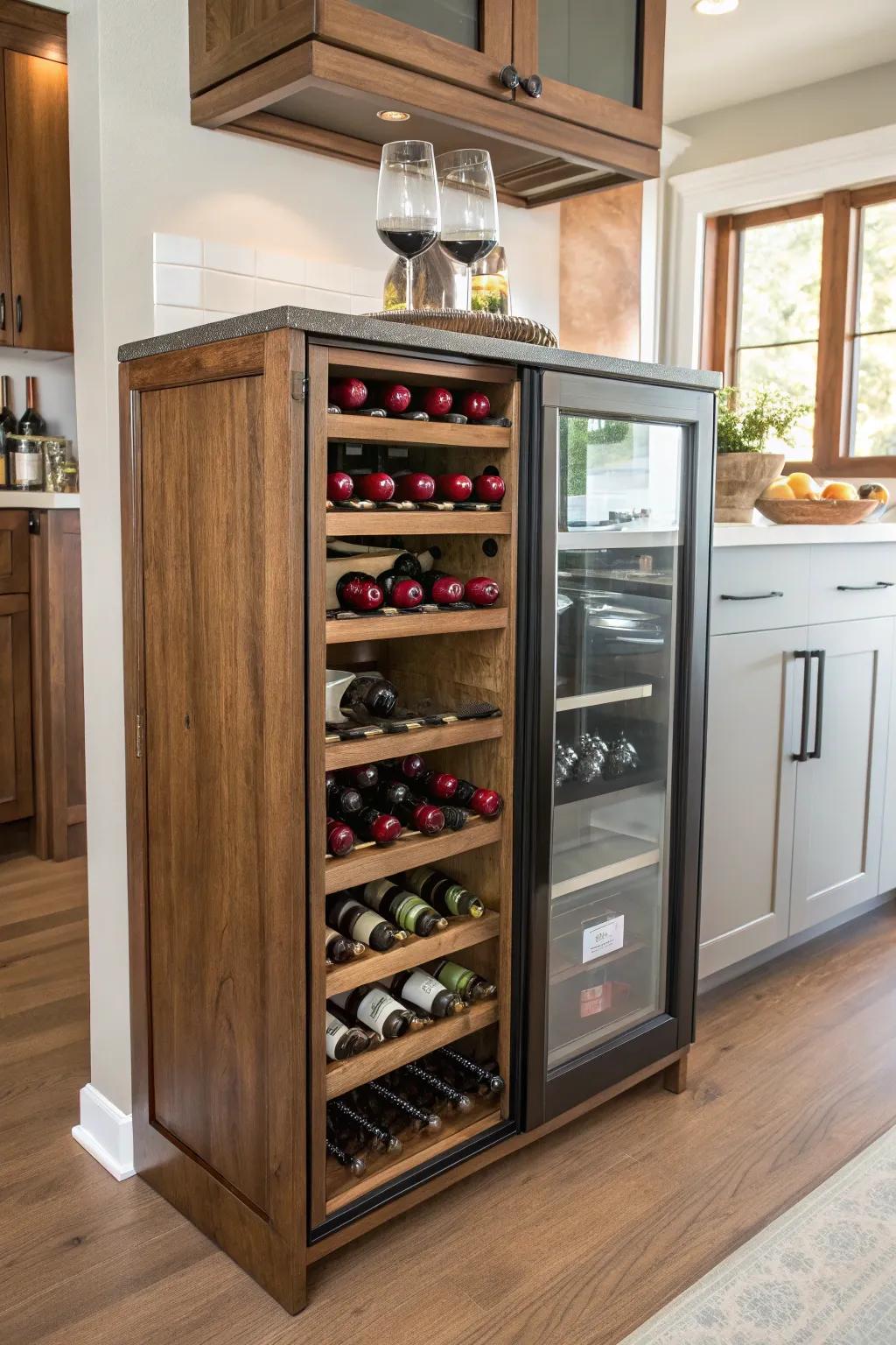 A mini wine cellar cabinet adds elegance and organization.