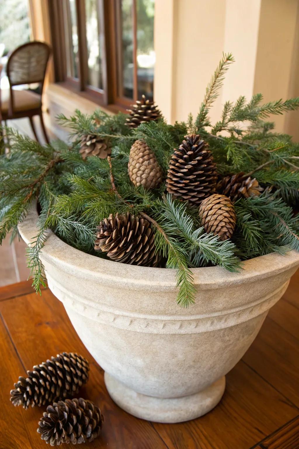 Pinecones add rustic texture to your winter planter designs.