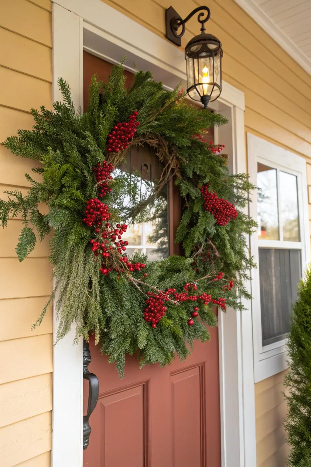 An inviting woodland green circle with red seed pods enhances the entryway.