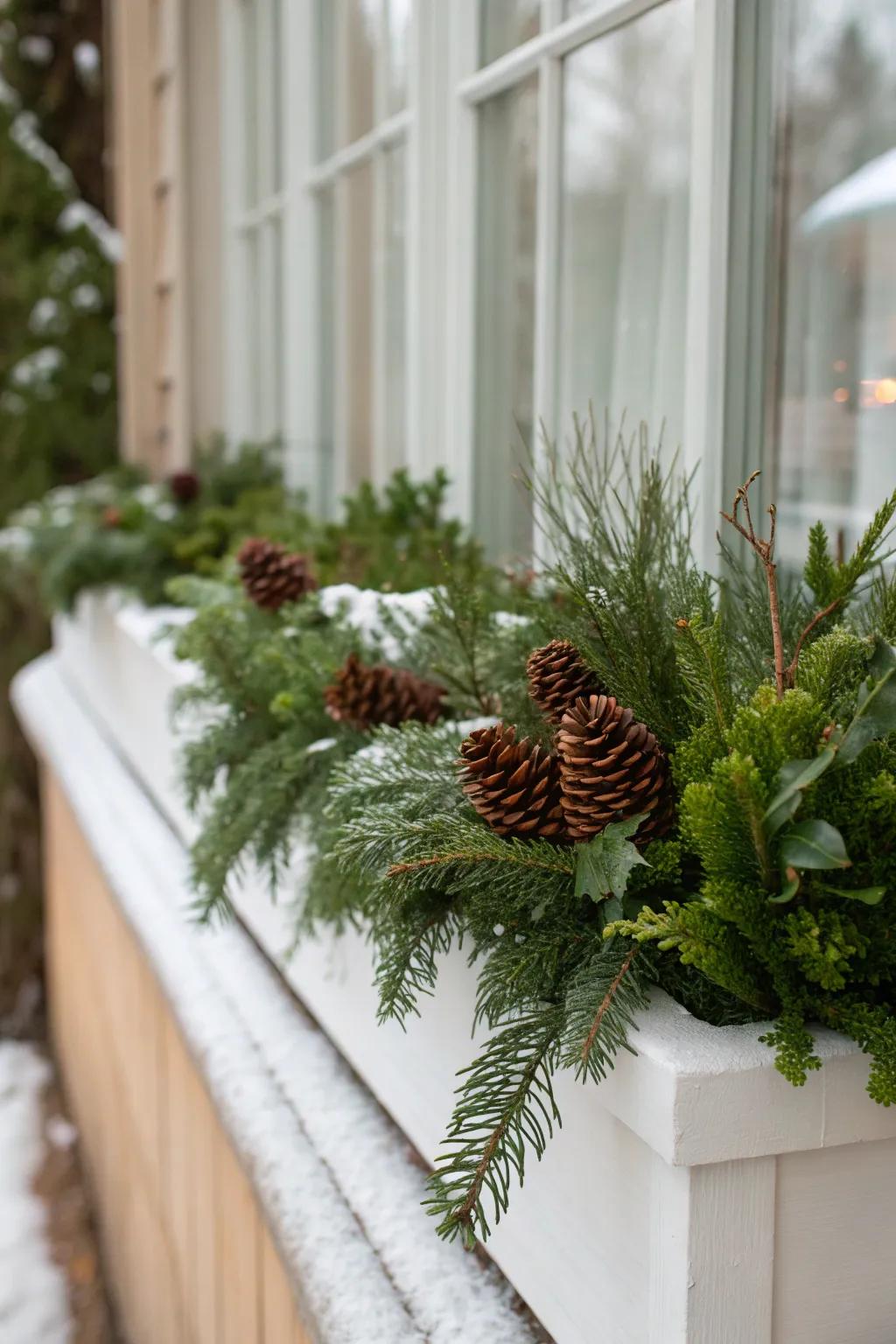 Pinecones nestled among evergreens imbue this window box with an inviting and homespun ambiance.