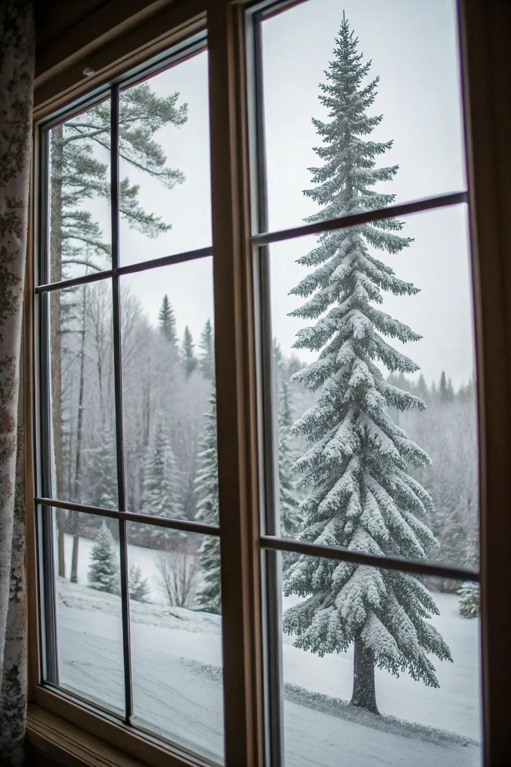 A snowy forest retreat offers a relaxing view.