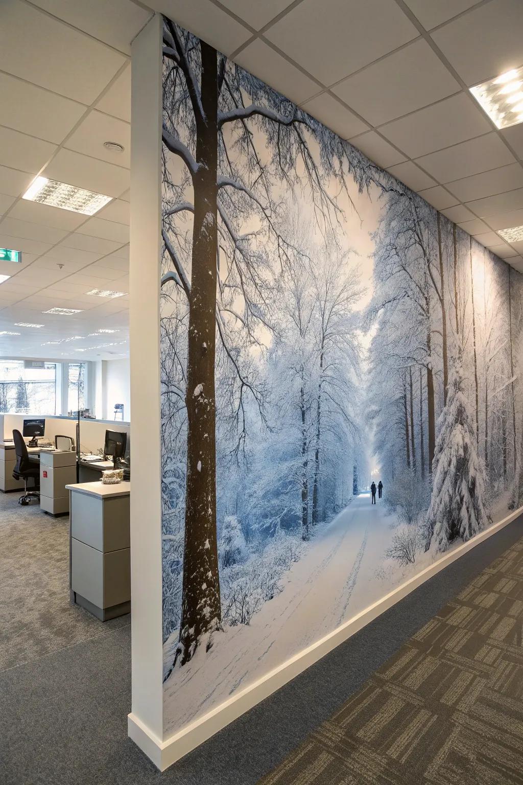 A winter forest mural infuses your office with the beauty of nature.