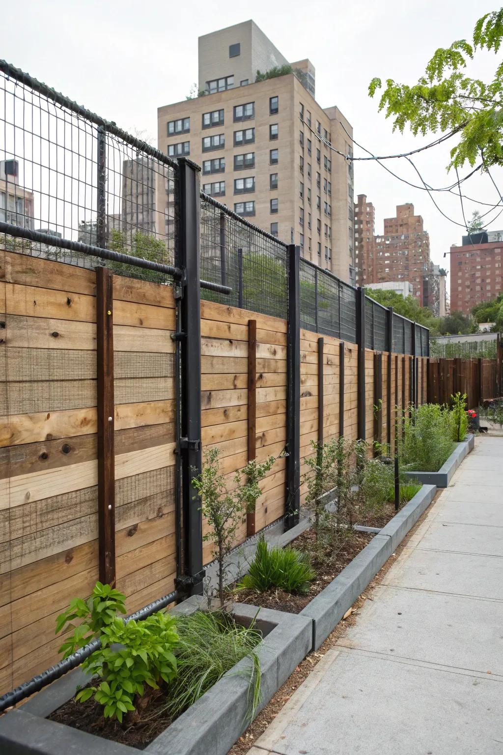 An urban-inspired fence showcases unfinished timber and uncovered metal.