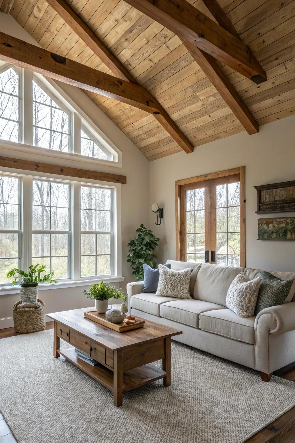 Tranquil living area featuring soft shades and wood beams.