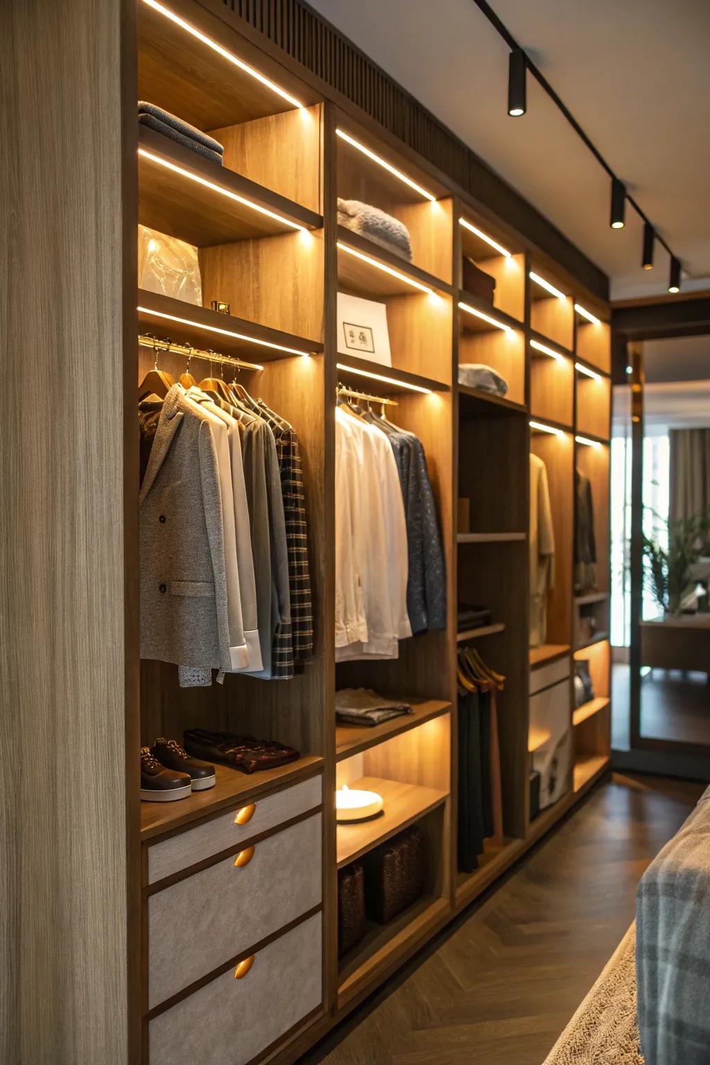Gentle lighting transforms your closet into a soothing getaway.