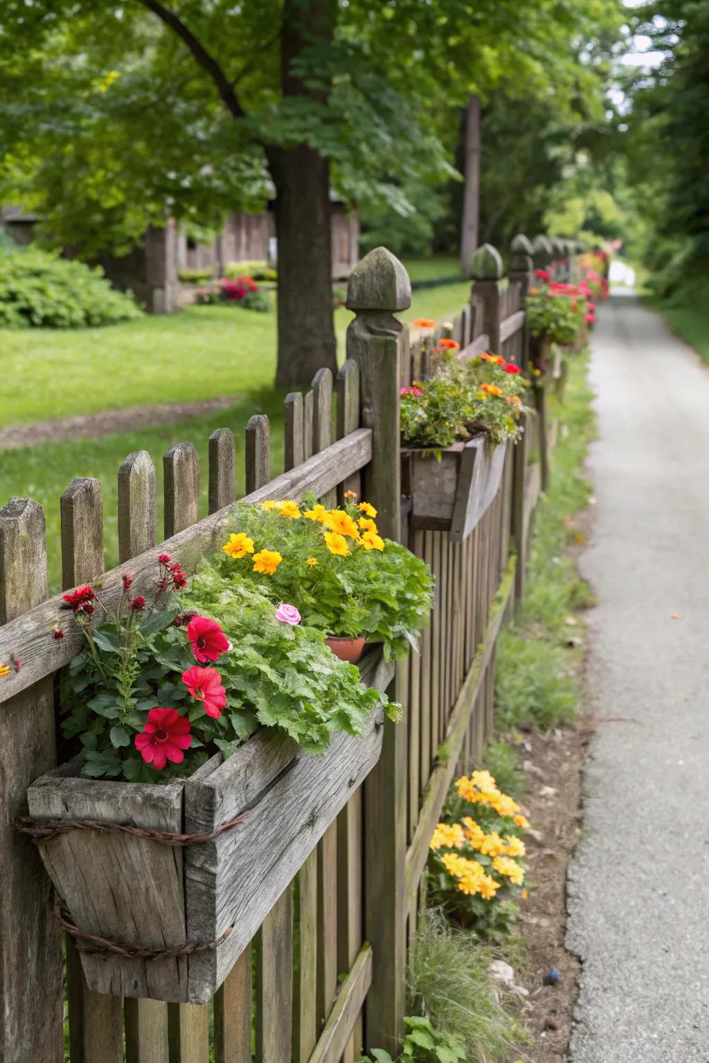 Integrated planters in a fence add a splash of greenery to your outdoor design.