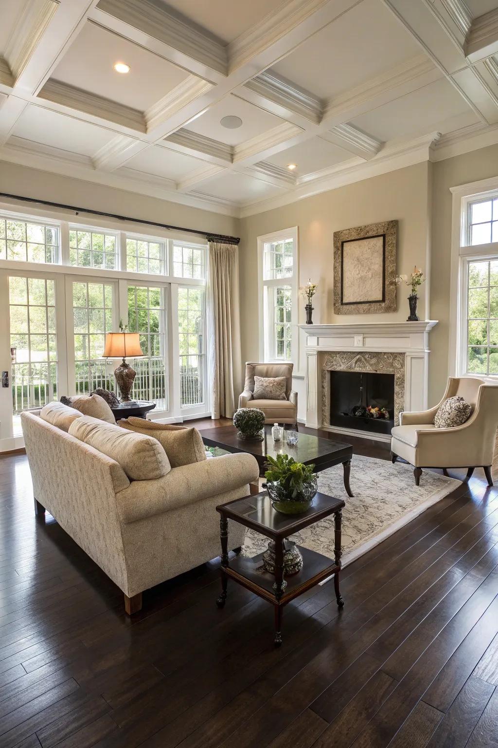 Luxurious living room with dark stained wood flooring.