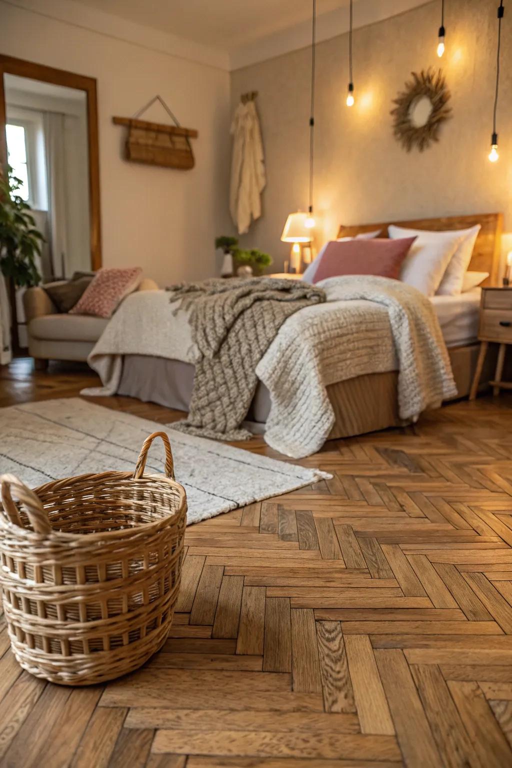 A cozy bedroom featuring a basket weave wood floor that introduces both texture and warmth.