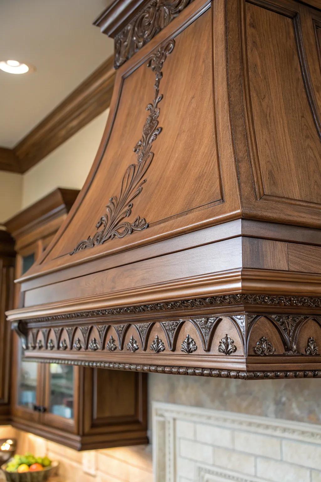 Decorative trim adds elegance to wooden ventilation hoods.
