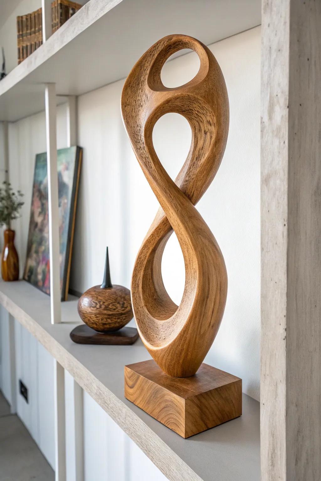 Elevate your space with a contemporary non-figurative wood sculpture.