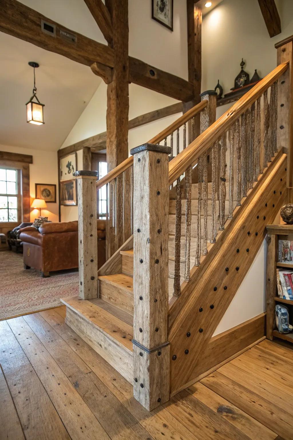 Homespun appeal: upcycled timber railing filled with uniqueness.