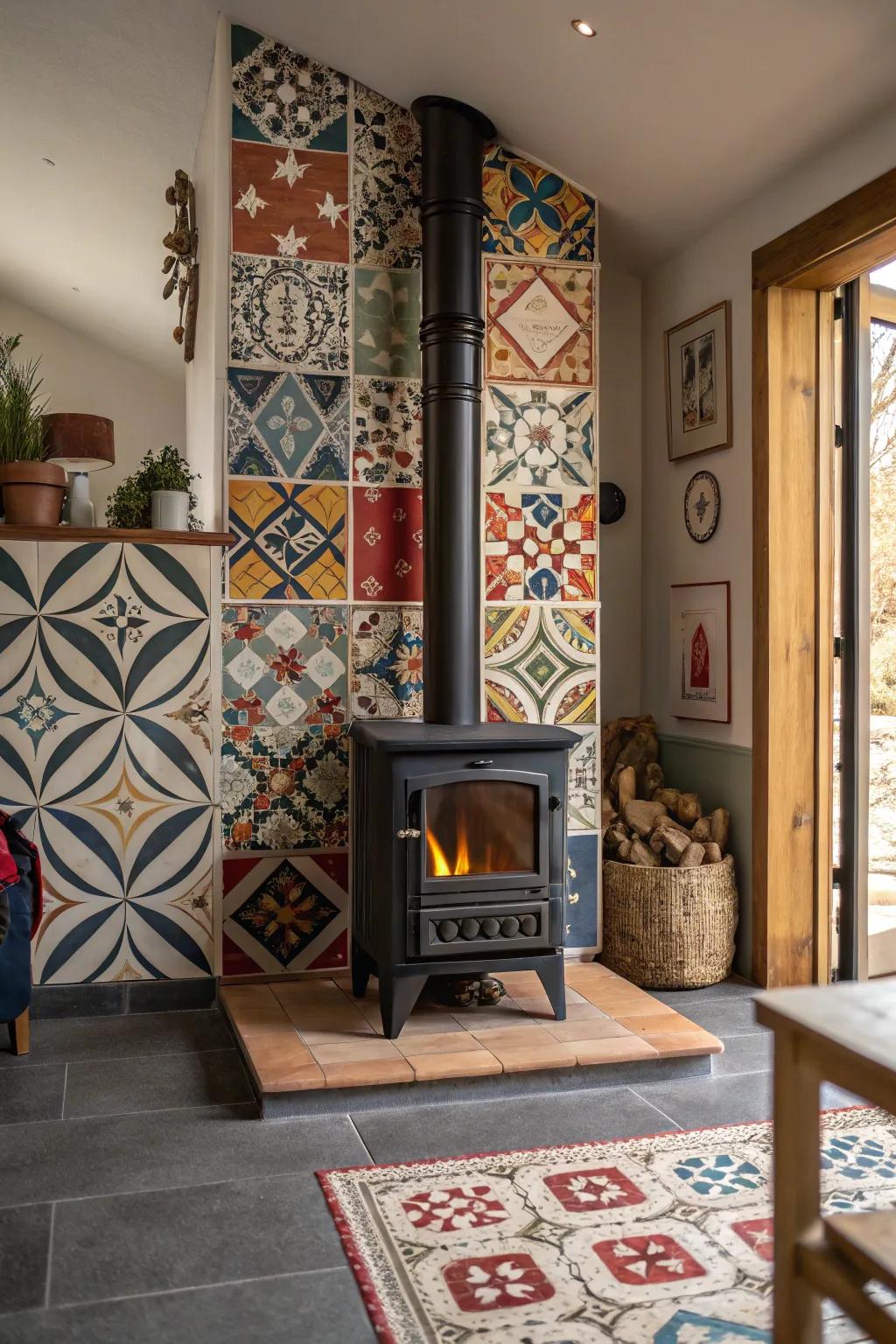 Abstract tiles establish a captivating visual centerpiece around a wood stove.