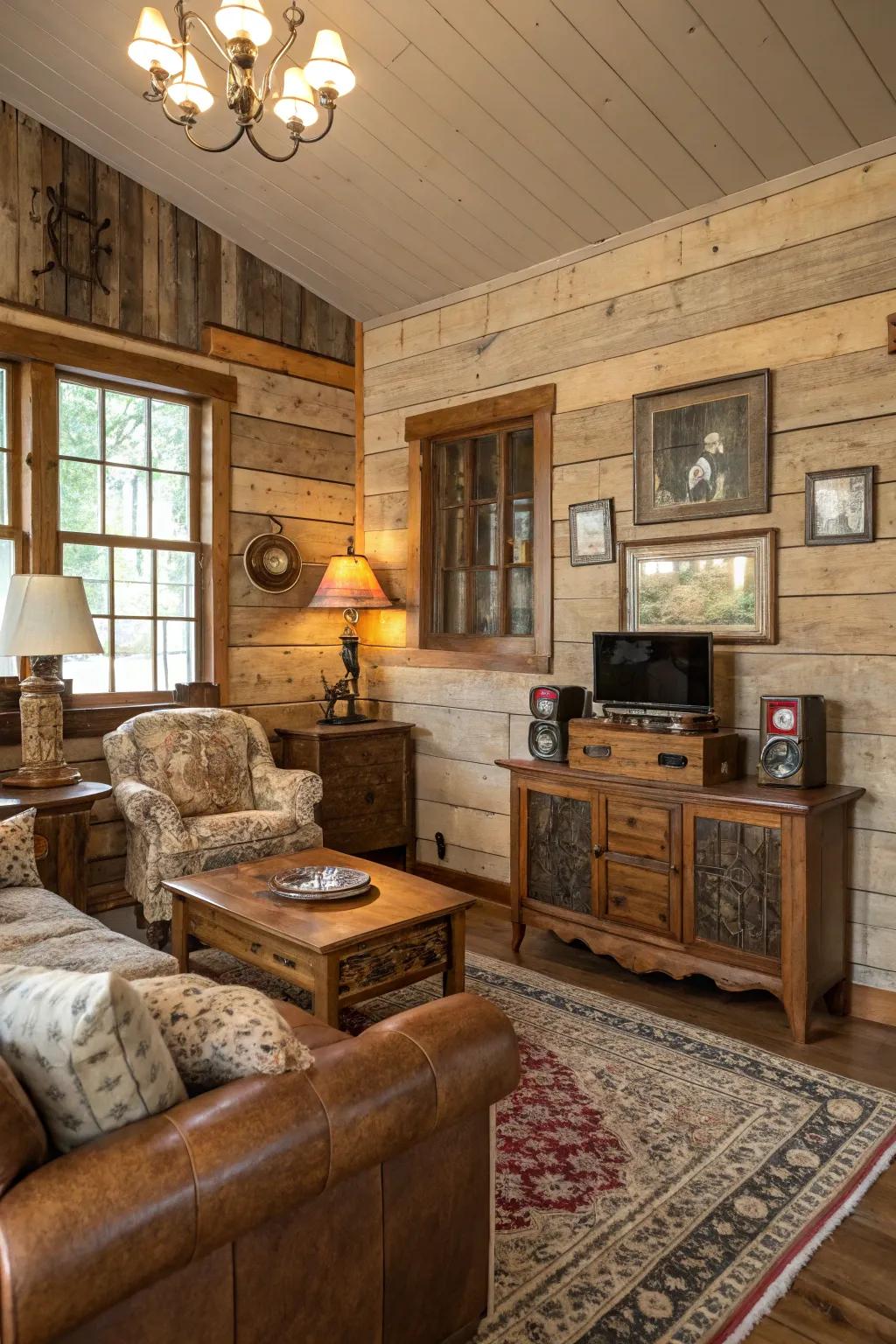 A living space showcasing rustic, textured wood panel walls.