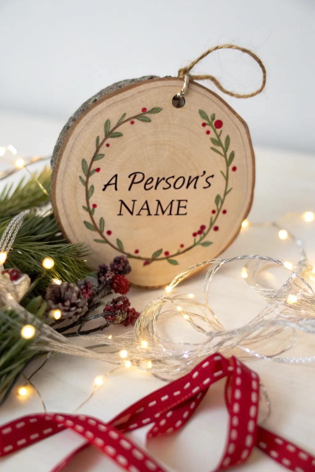 Personalized wooden disc ornament with elegant decorative lettering.