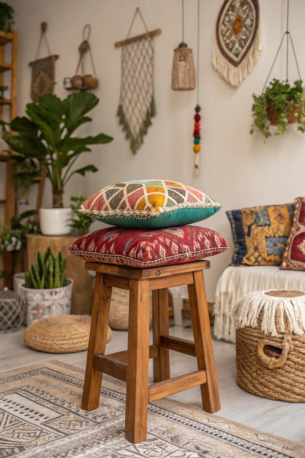 A bohemian hardwood stool infuses color and texture into your decor.